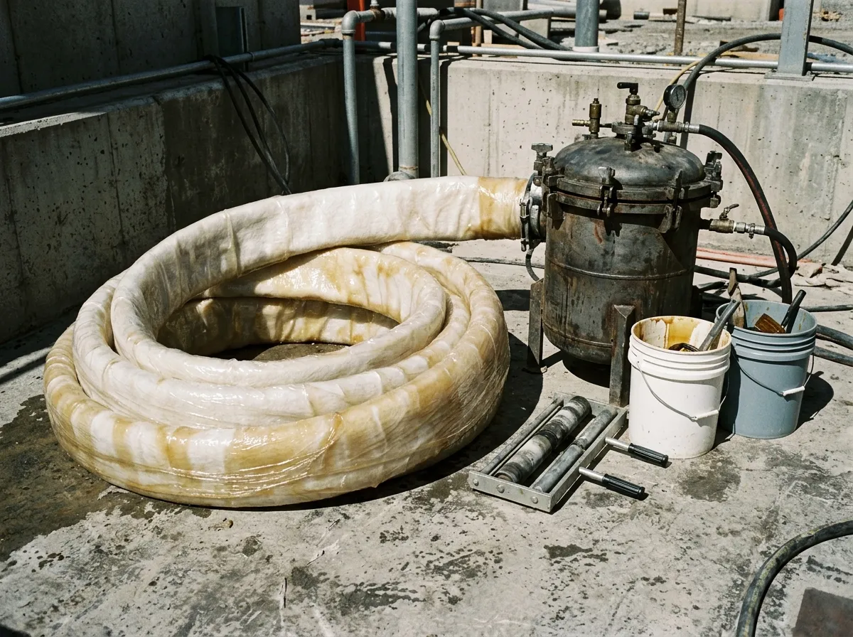Resin-saturated felt CIPP liner and inversion drum staged on a driveway
