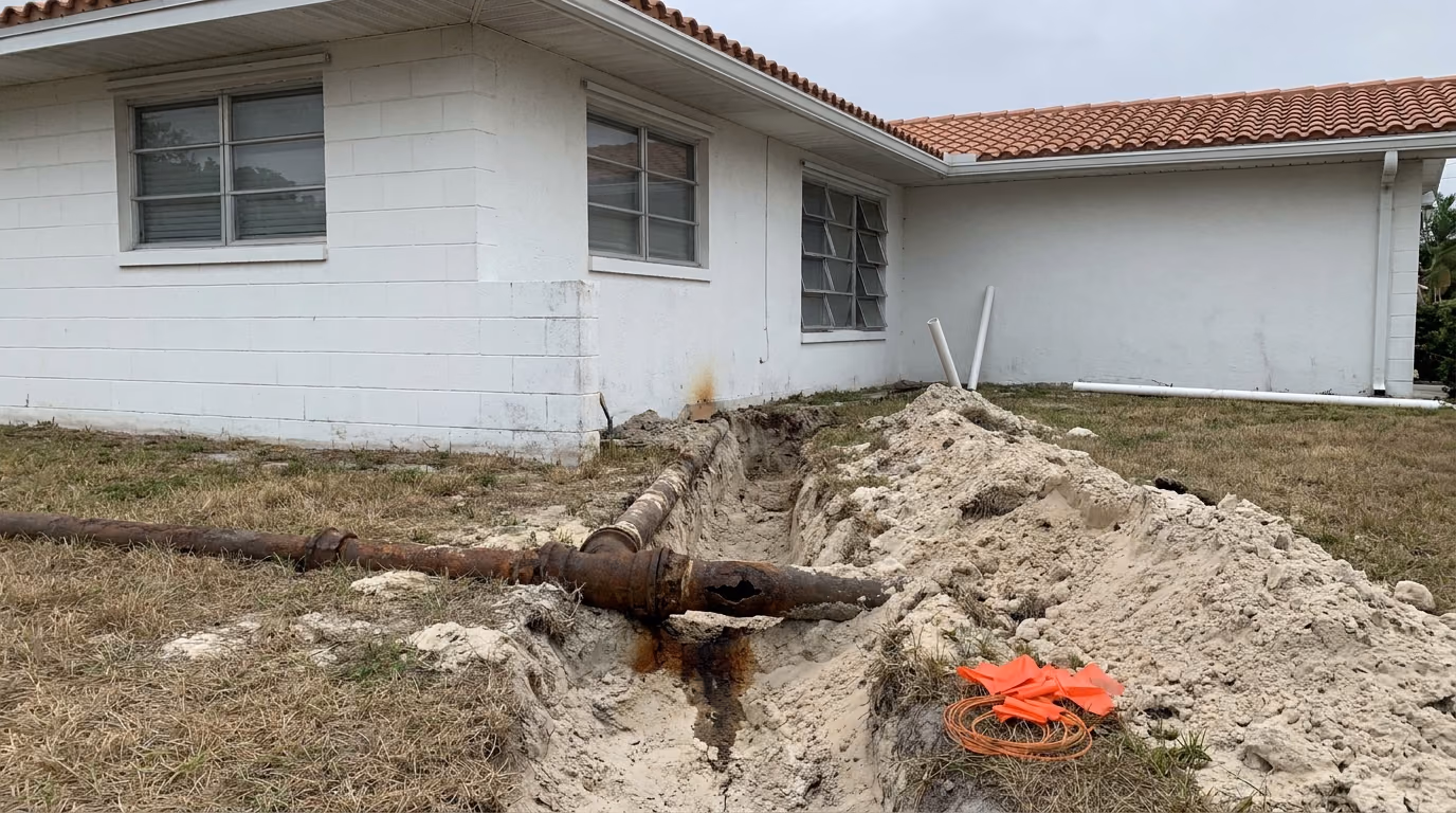 Corroded cast iron sewer line in a trench beside a Florida block house, the gradual wear homeowners insurance excludes
