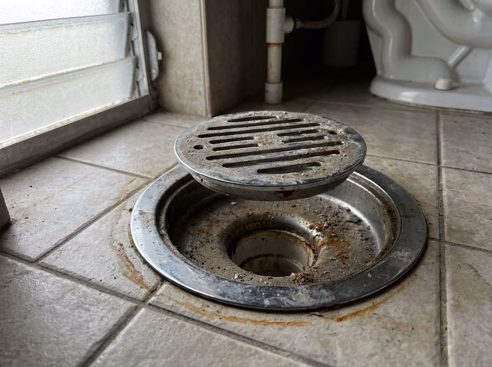 Dry chrome floor drain in an unused Florida guest bathroom, a common source of sewer smell