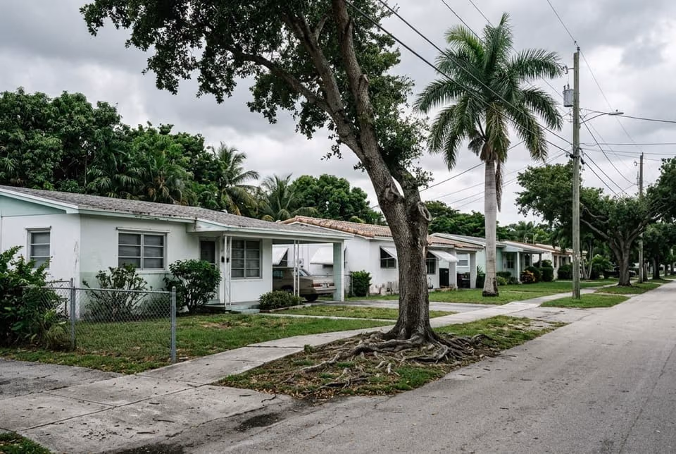Street of 1960s single-story Fort Lauderdale ranch houses with mature shade trees