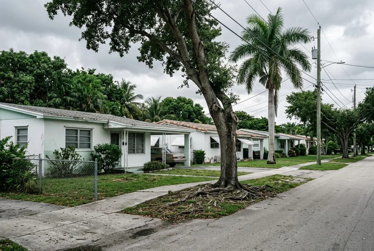 Street of 1960s single-storey Fort Lauderdale ranch houses with mature shade trees