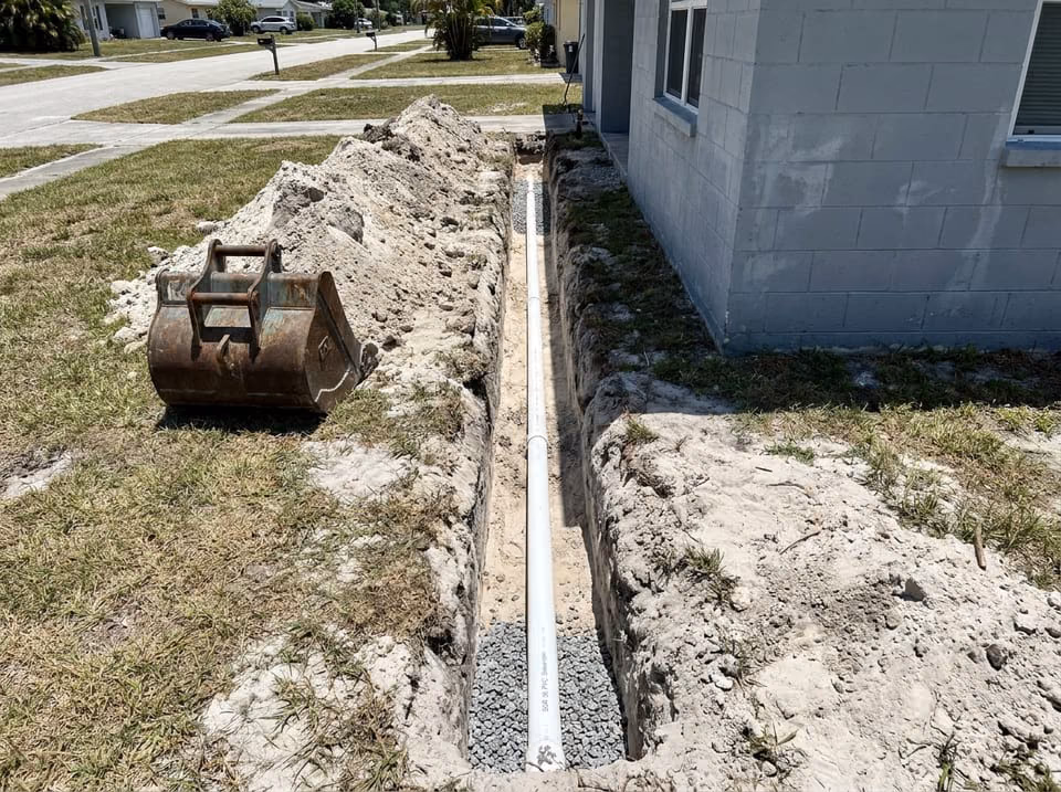 Open trench from a Broward house to the street with new PVC sewer lateral laid on bedding