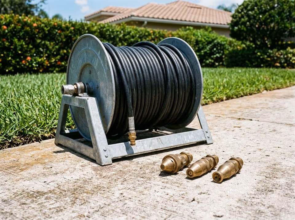 High pressure hydro jetting hose reel and nozzles staged on a Florida driveway