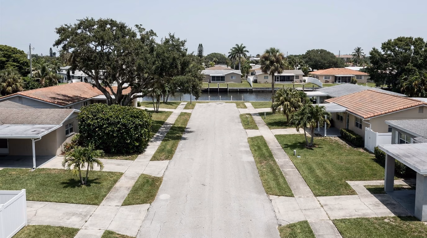 Residential street of 1960s homes in Lighthouse Point, Florida, built in the cast iron sewer pipe era