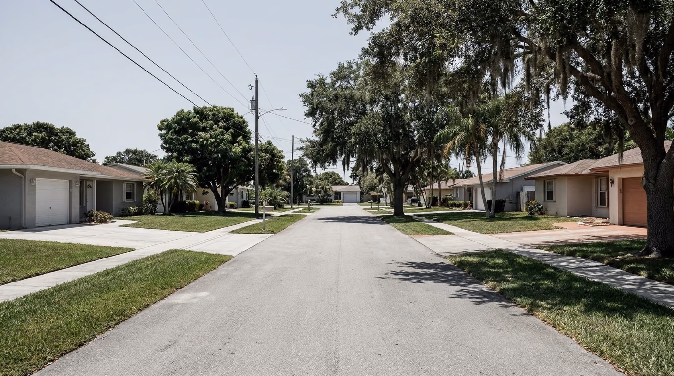 Residential street of 1970s homes in Margate, Florida, built in the cast iron sewer pipe era