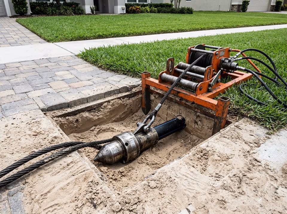 Pipe bursting head and cable at a small access pit beside an intact driveway during trenchless sewer repair