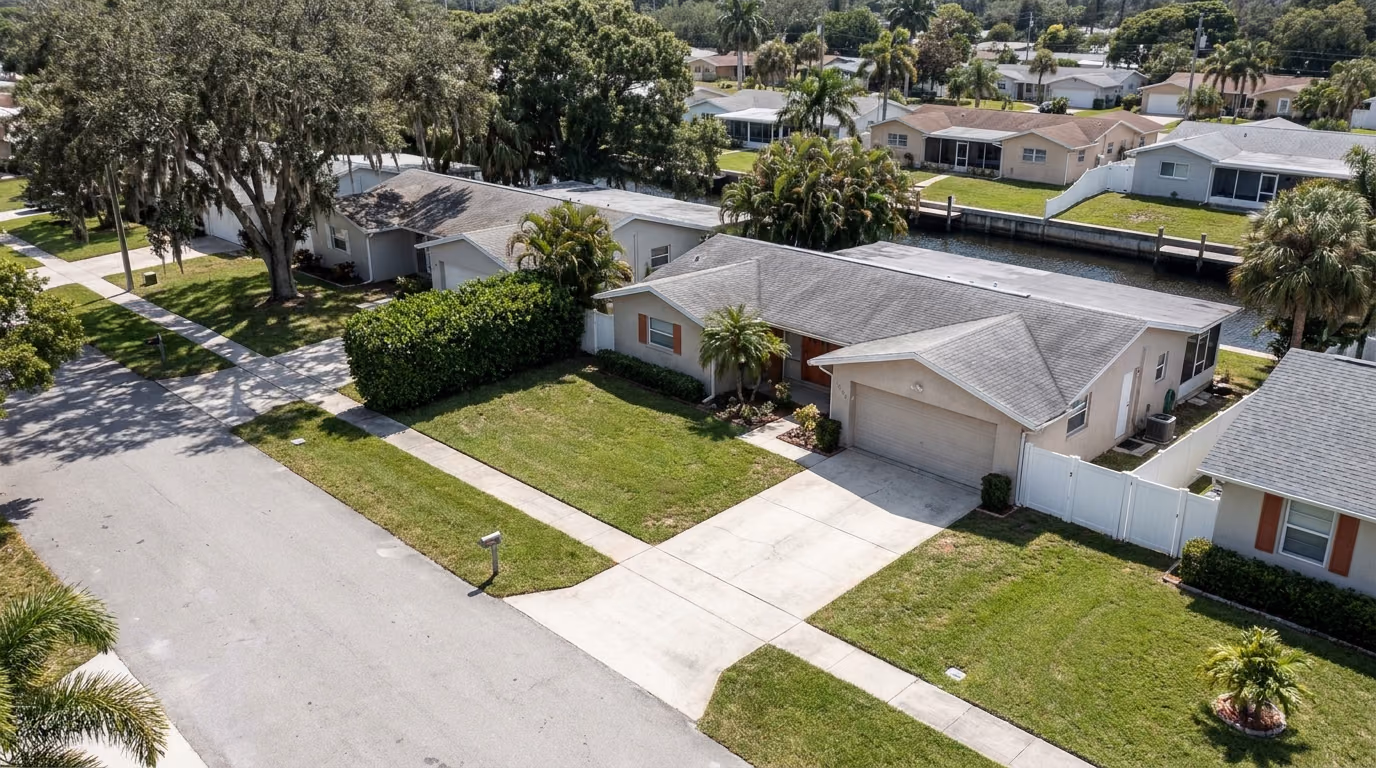 Residential street of 1970s homes in Pompano Beach, Florida, built in the cast iron sewer pipe era