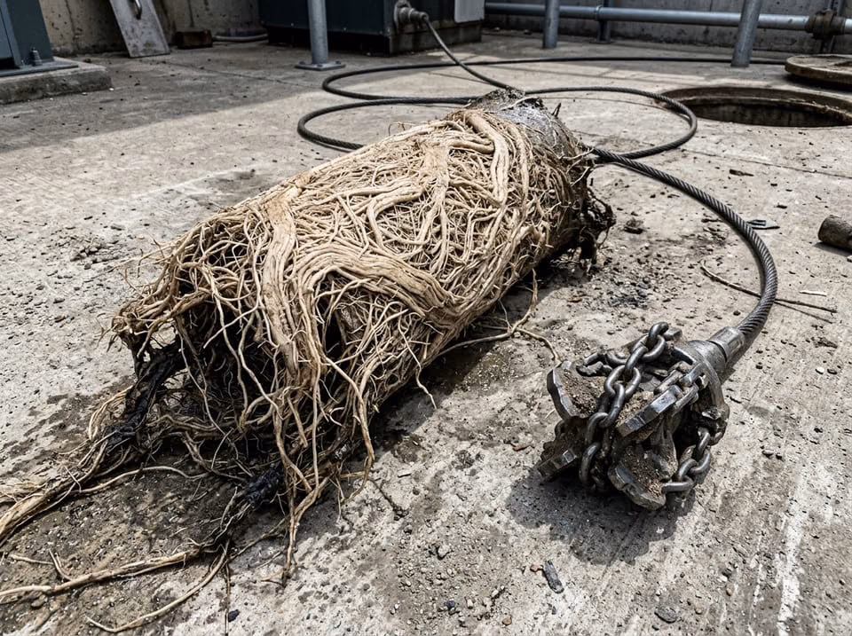 Dense root mass cut from a sewer line laid out on concrete beside a cutter head