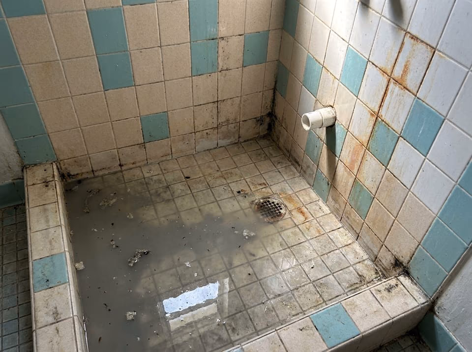 Gray wastewater standing in a tiled shower pan of a Florida slab home during a sewer backup