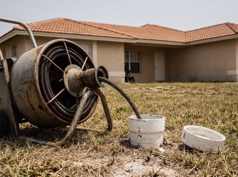 Drum cable machine feeding a cable into an open yard cleanout during main sewer line cleaning on a Florida lawn