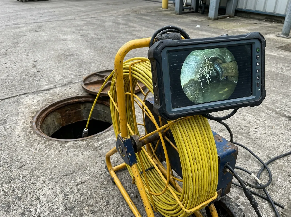 Sewer inspection camera reel and monitor showing root intrusion at a pipe joint
