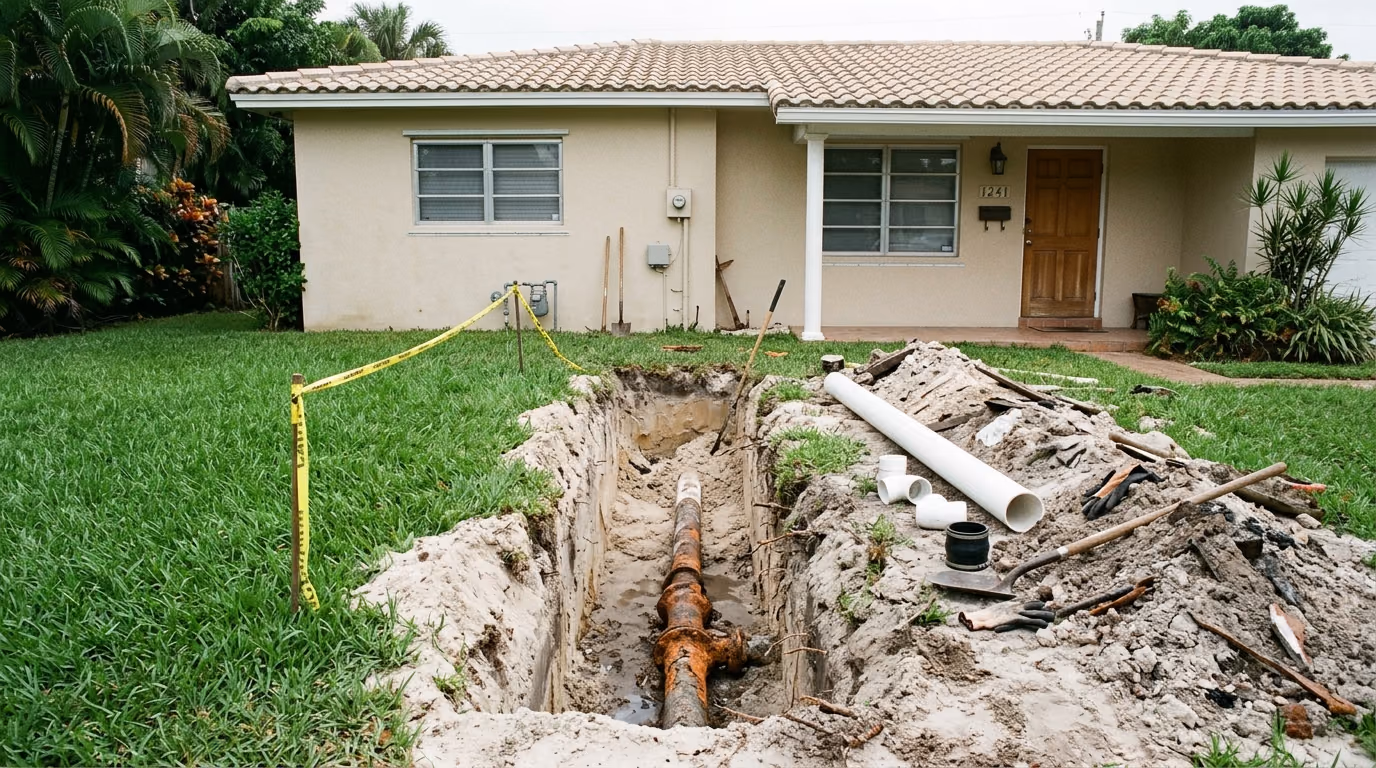 Open excavation beside a 1960s Florida block house exposing an old cast iron sewer lateral
