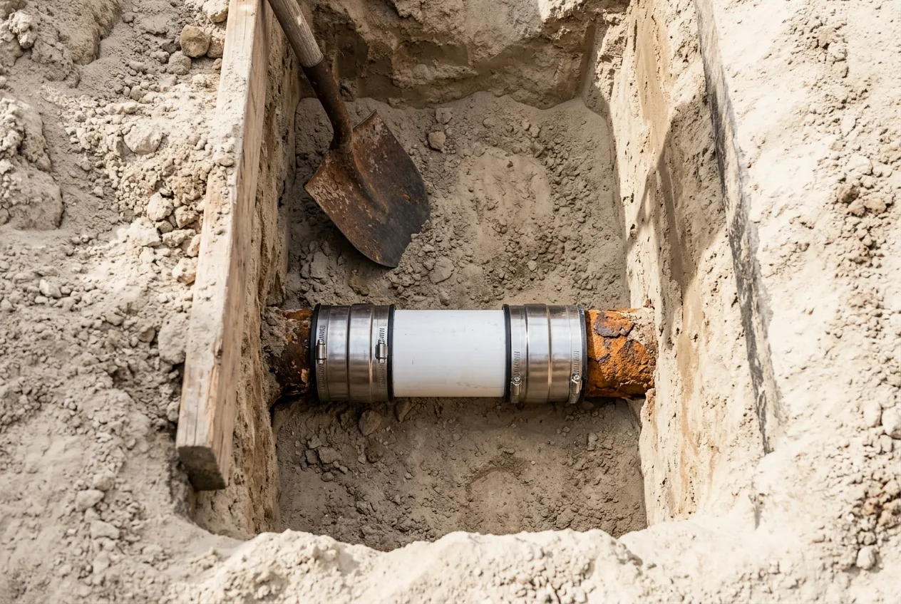 New PVC section shielded-coupled to old cast iron pipe at the bottom of an open trench