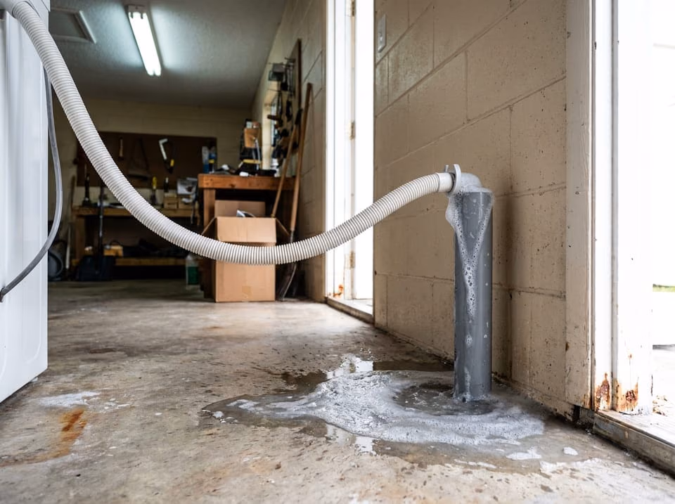Gray water rising out of a washing machine standpipe in a Florida garage laundry